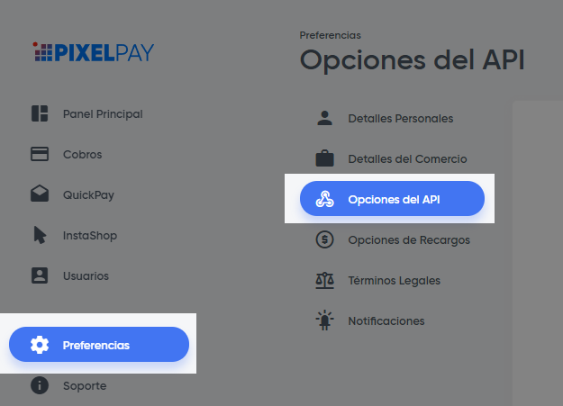 Menú de navegación para endpoint y llaves