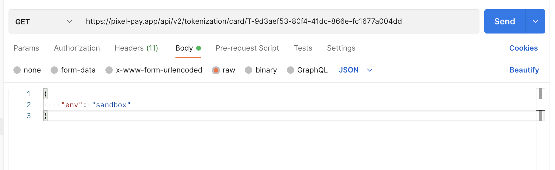Ejemplo obtener tarjeta tokenizada Postman